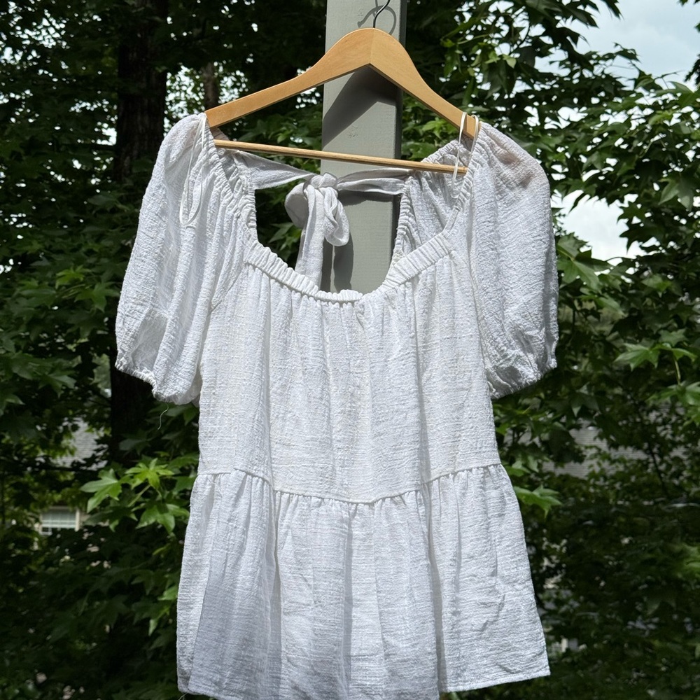 Flying Tomato White Tie Back Open Back Cotton Gauze Puff Sleeve Flowy Blouse